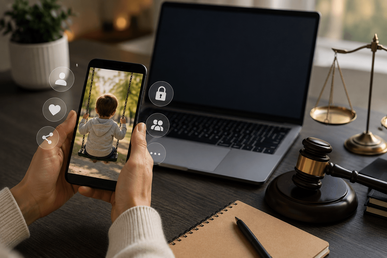 Persona revisando en un teléfono móvil la fotografía de un menor antes de compartirla en redes sociales