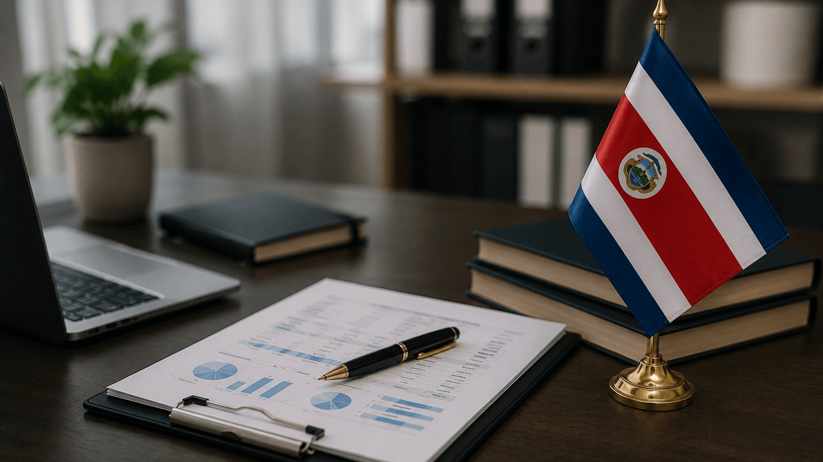 Escritorio profesional con documentación empresarial y bandera de Costa Rica