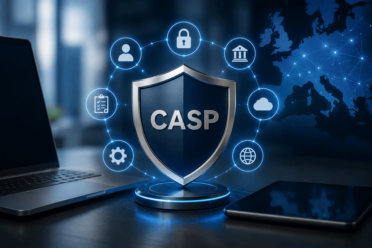 Escudo digital con las siglas CASP y símbolos de seguridad y cumplimiento normativo en Europa