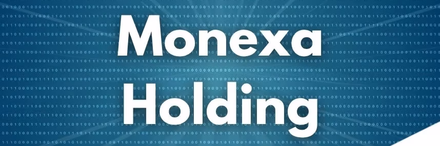 Logotipo de Monexa Holding sobre código binario, analizado por IN DIEM Abogados por presunta estafa blockchain.