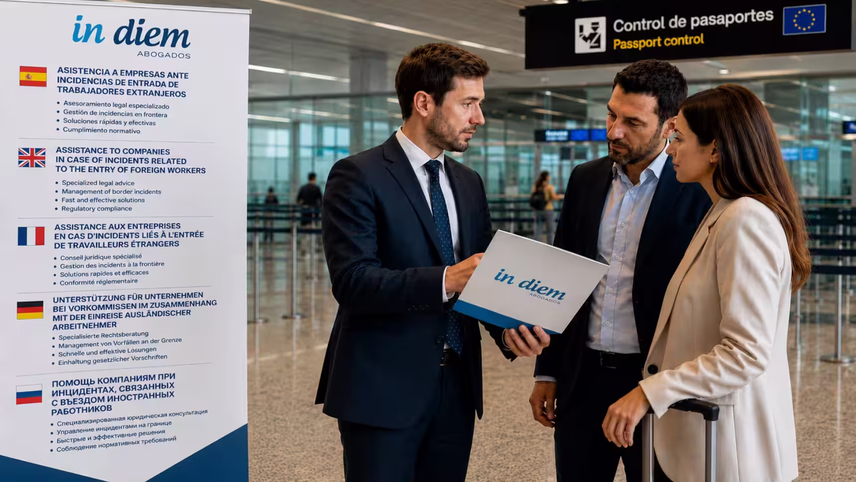 Abogado de In Diem Abogados prestando asistencia legal a una empresa ante incidencias de entrada de trabajadores extranjeros en un aeropuerto