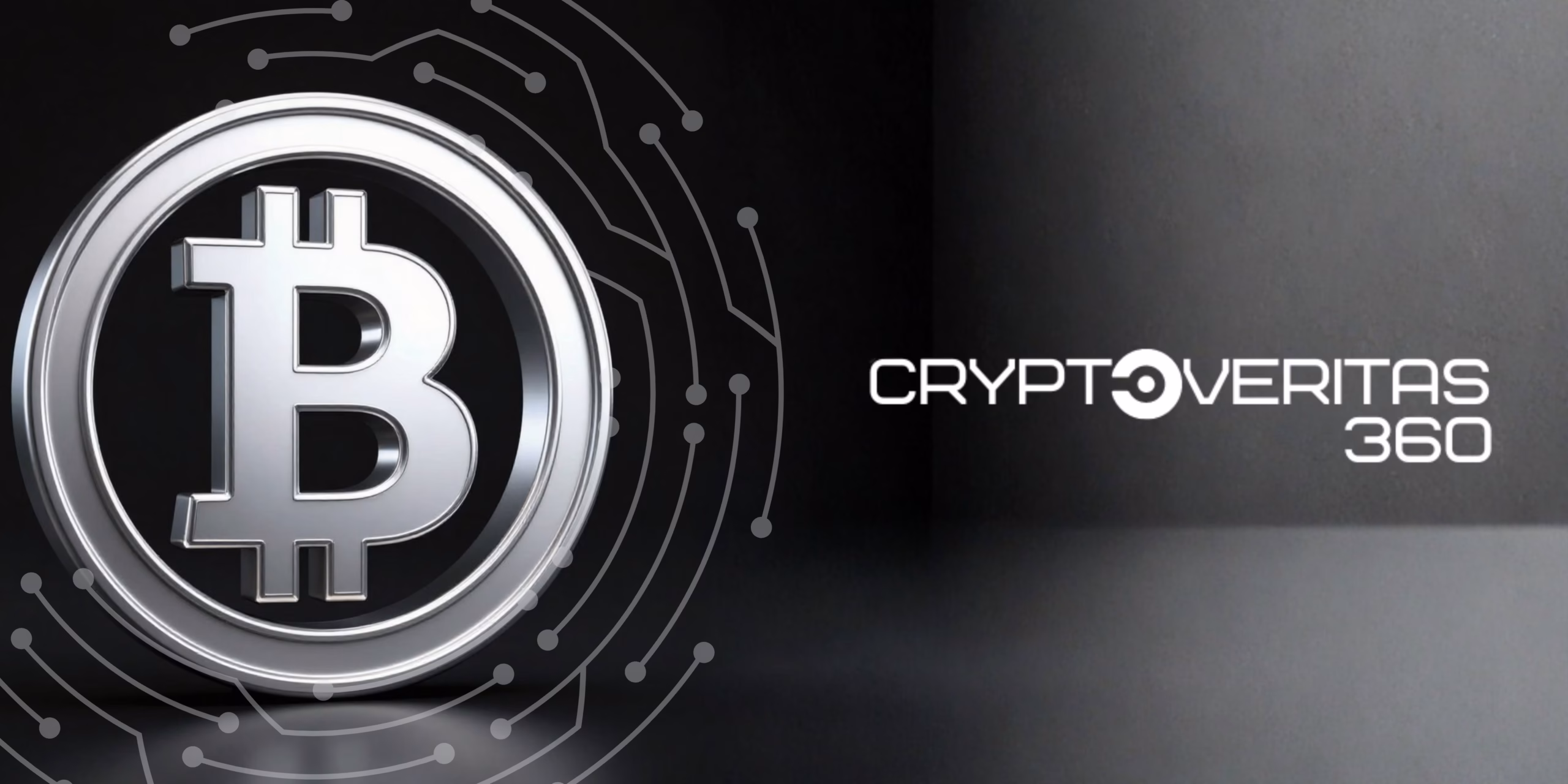 Moneda de Bitcoin sobre fondo tecnológico con el logotipo de Cryptoveritas 360, representando blockchain y criptomonedas.